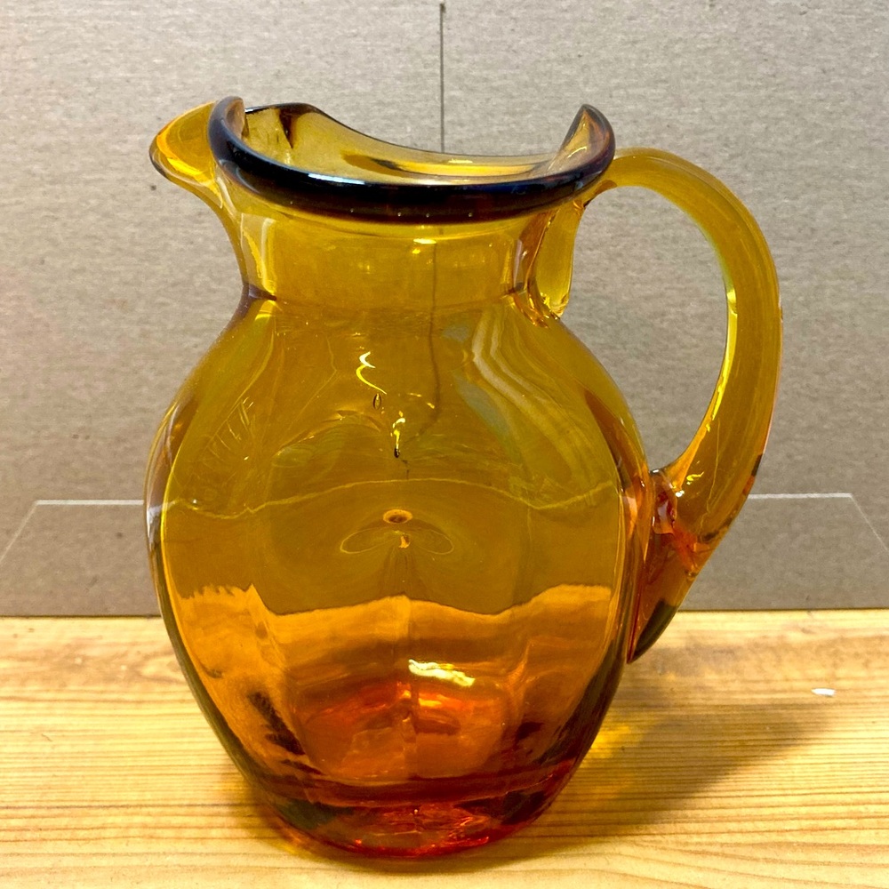 Amber yellow orange handmade glass blown pitcher